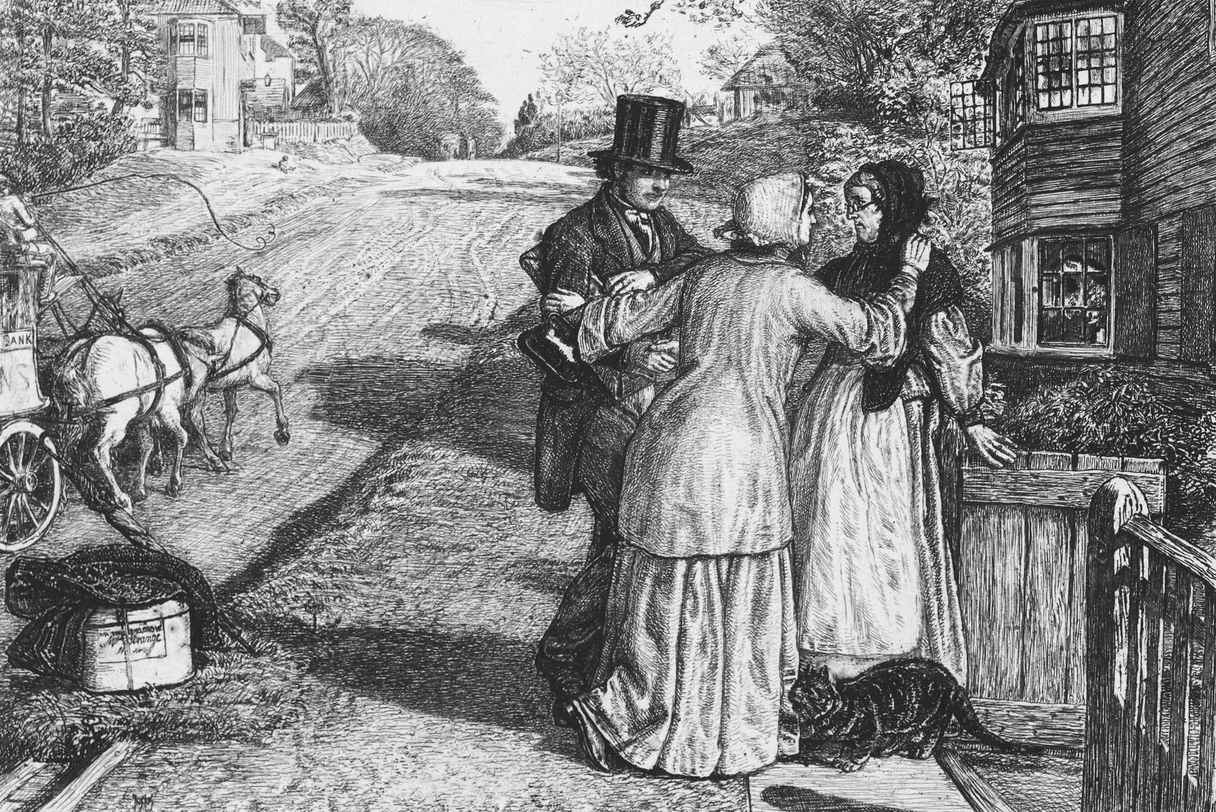 Black and white sketch of three women and a man, with the man wearing a tall top hat, gathered outside a wooden house on a rural street, with a horse-drawn cart and trees in the background.