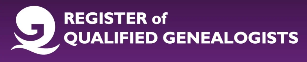Purple banner with white text that reads 'Register of Qualified Genealogists' and a stylized Q logo on the left.