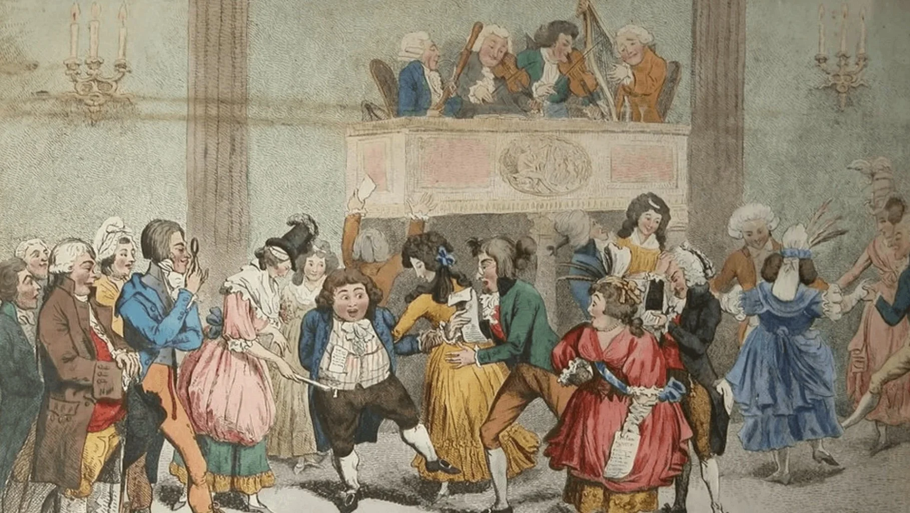 A lively scene from a historical musical or dance performance with men and women dressed in 18th-century costumes, dancing and socializing on stage with musicians playing above.