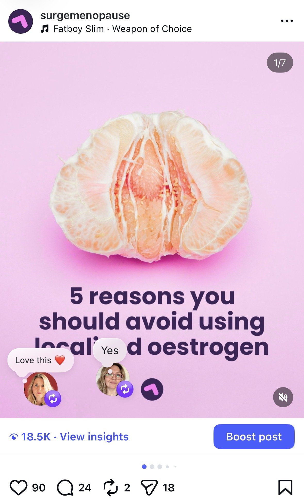 A half-peel orange on a pink background with text about avoiding using local estrogen and progesterone.