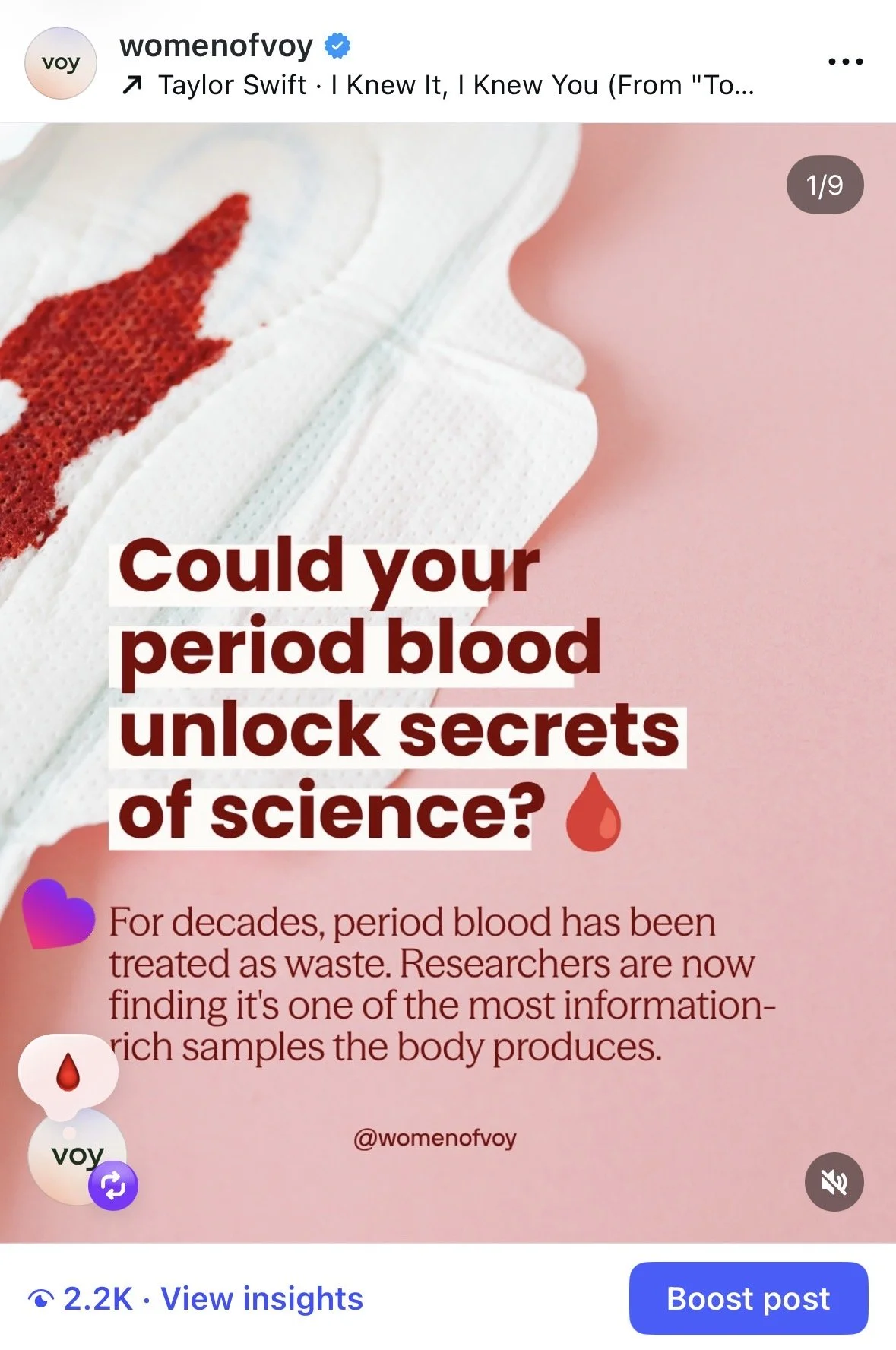 Close-up of a white face mask with red paint in the shape of a drop on it, alongside text about blood and science. The background is pink.
