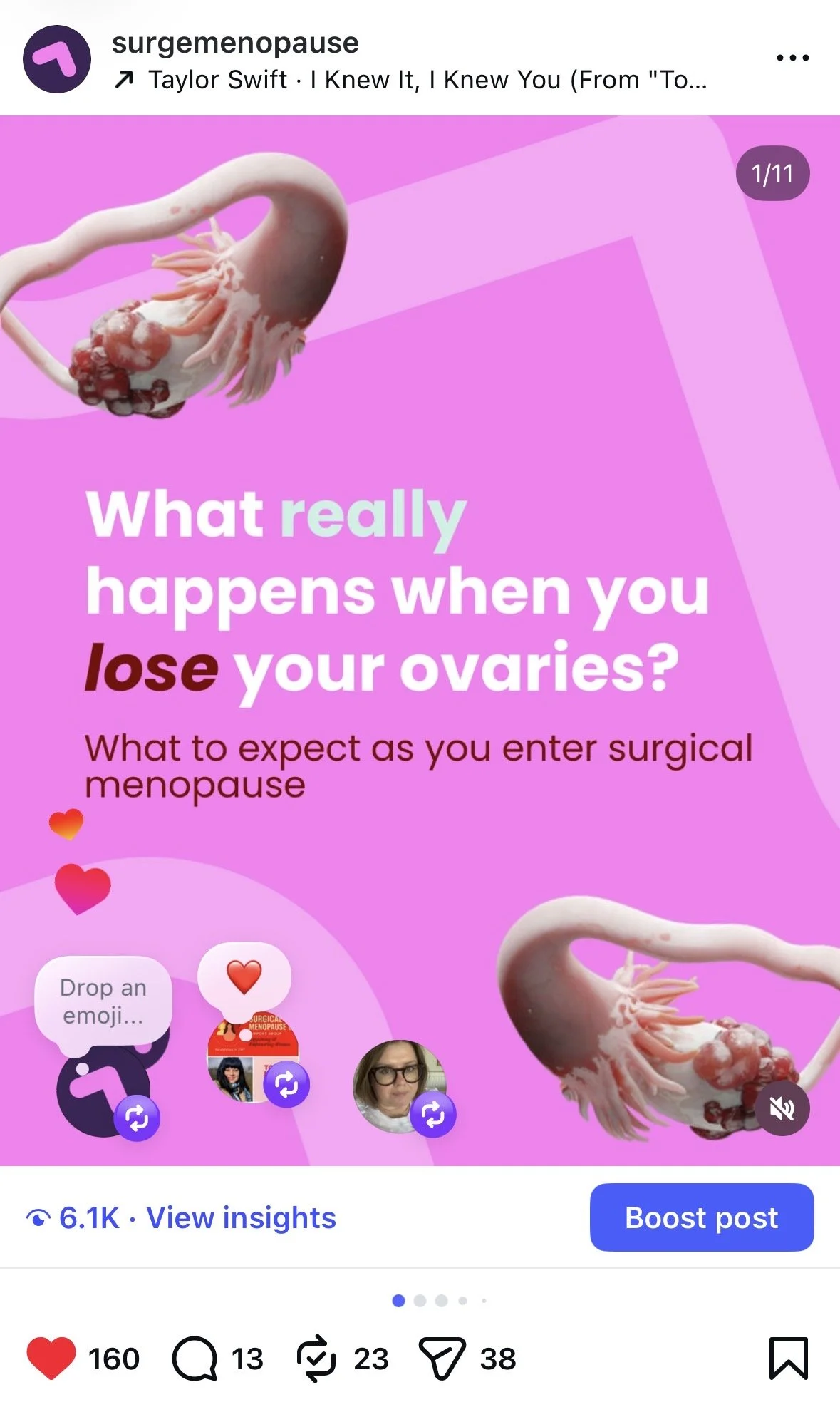 The image is a pink background with text and illustrations related to surgical menopause. It includes an illustration of a uterus and ovaries, some hearts, and icons for engagement. The text discusses what happens when you lose your ovaries and provides information about surgical menopause.