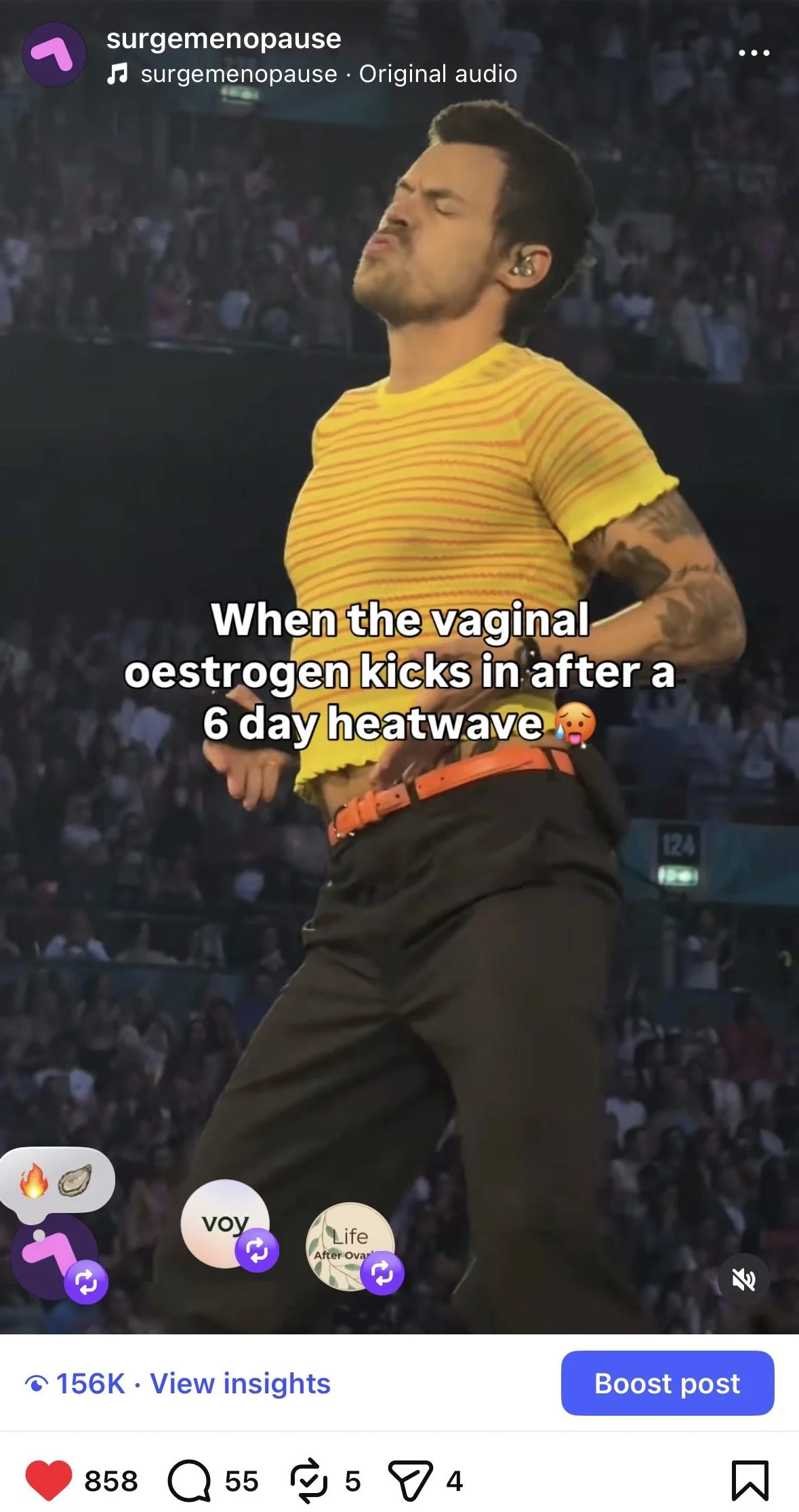 A man performing on stage with a crowd in the background, wearing a yellow striped shirt and black pants, with a caption overlay that reads: "When the vaginal estrogen kicks in after a 6 day heatwave".