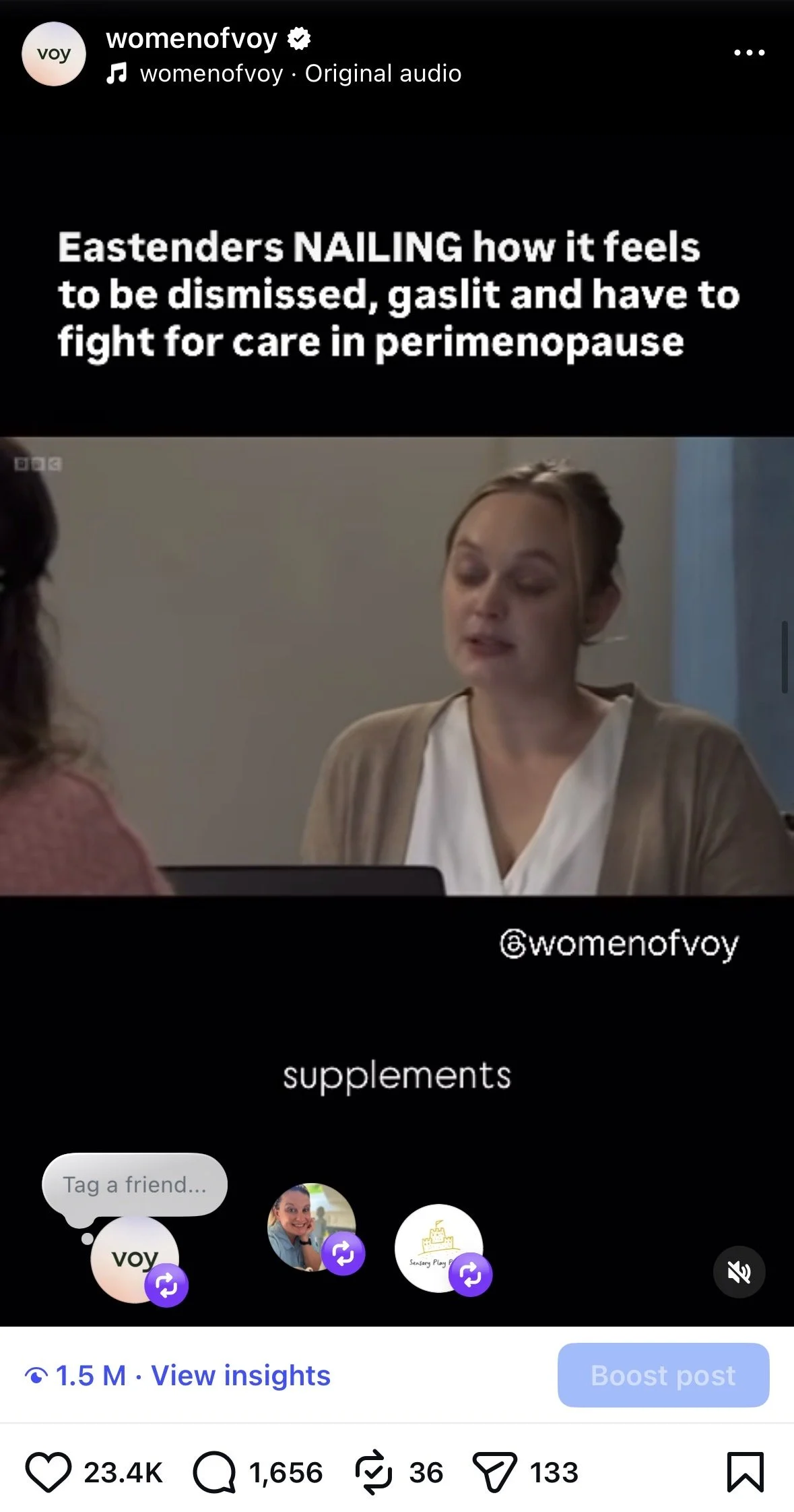 A social media post featuring a video thumbnail with a woman talking to another person. The text overlay reads: "Easterners NAILING how it feels to be dismissed, gaslit and have to fight for care in perimenopause". The post has received numerous interactions, including likes, comments, and shares.