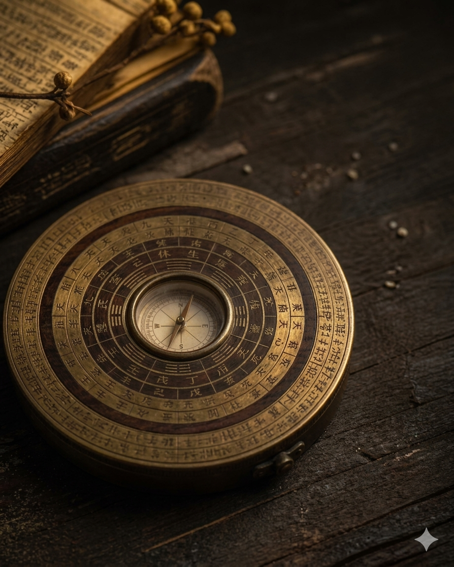 A vintage Chinese compass with a circular design, featuring Chinese characters and yin-yang symbol, placed on a dark wooden surface. An open aged book with yellowed pages and a small branch with round buds rests in the background.