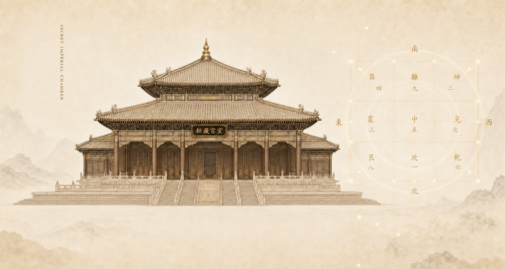 Illustration of a traditional Chinese palace with a sign in Chinese characters, side labels of cardinal directions, and a surrounding decorative grid with Chinese numerals and characters.