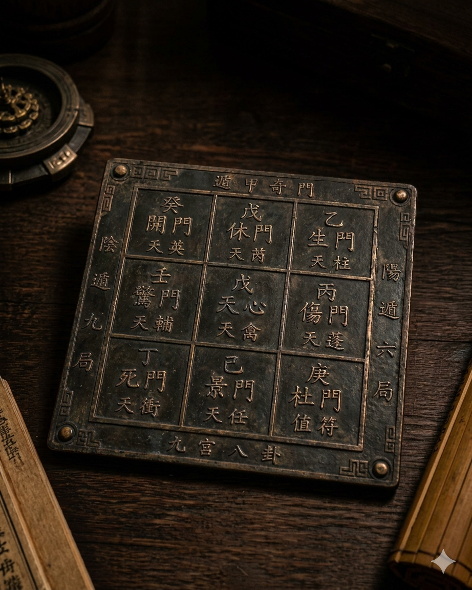 A metal tile with Chinese characters and symbols, placed on a dark wooden surface. Partially visible objects include a circular item in the top left and a bamboo mat in the bottom right corner.