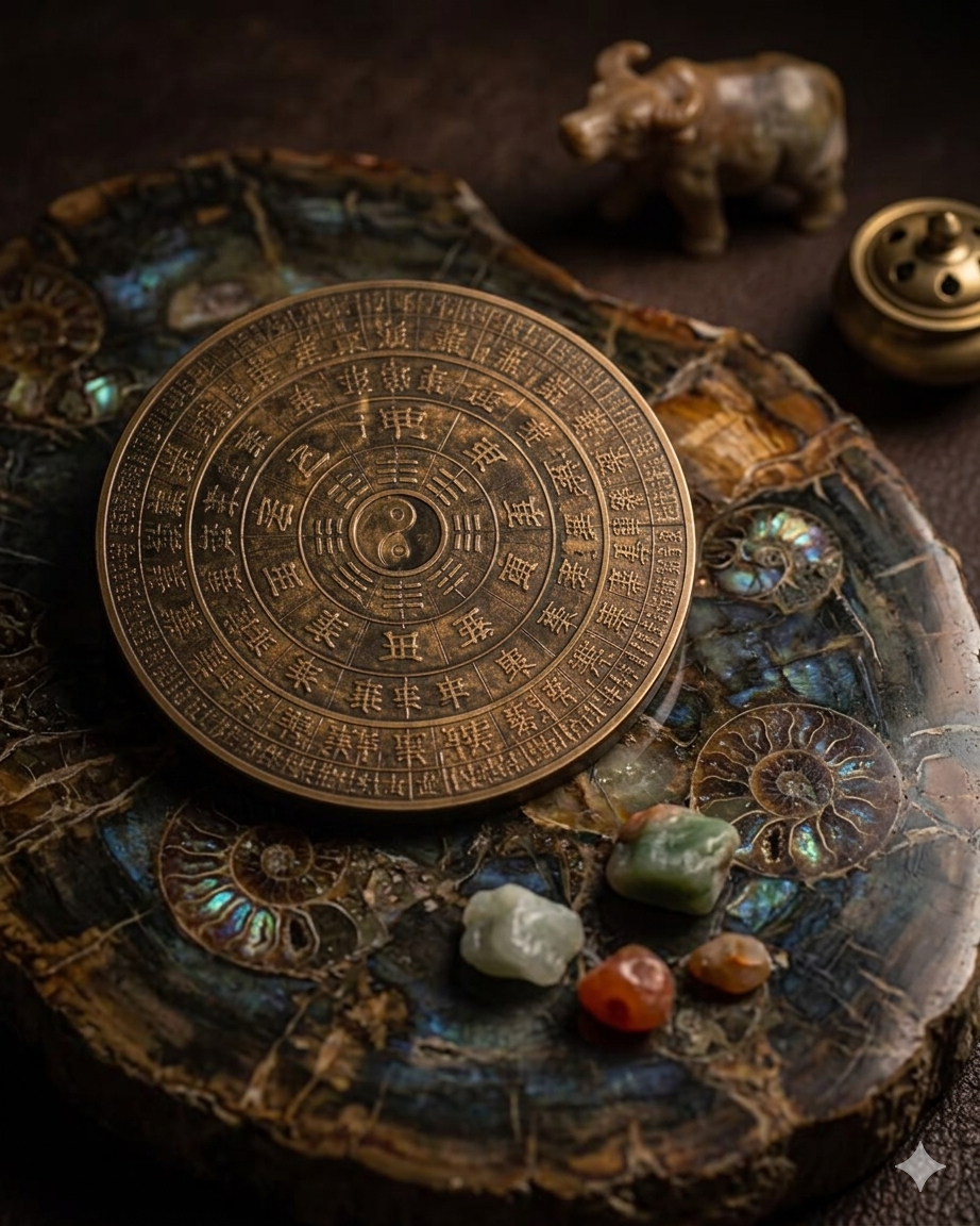 A circular metal Yin-Yang and Bagua feng shui coin with Chinese characters, placed on an abalone shell with iridescent patterns, surrounded by small stones, a small carved elephant figurine, and a metallic wind chime in the background.