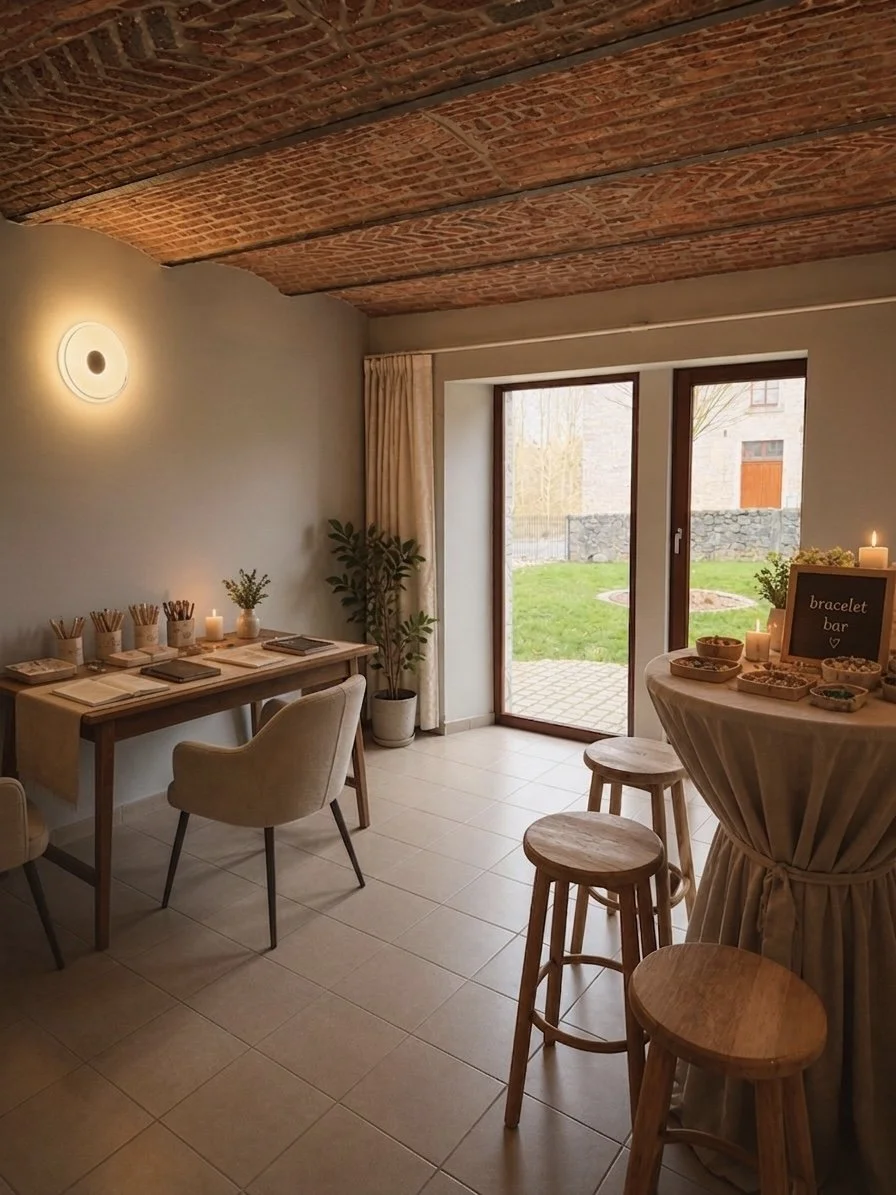 A cozy indoor creative corner at a retreat featuring a bracelet-making bar, wooden stools, and journaling tables.