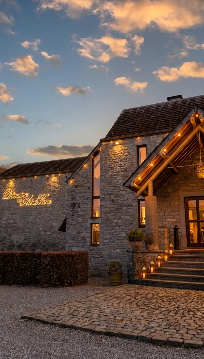 Exterior view of a historic stone estate illuminated by warm string lights at dusk during a wellness retreat.