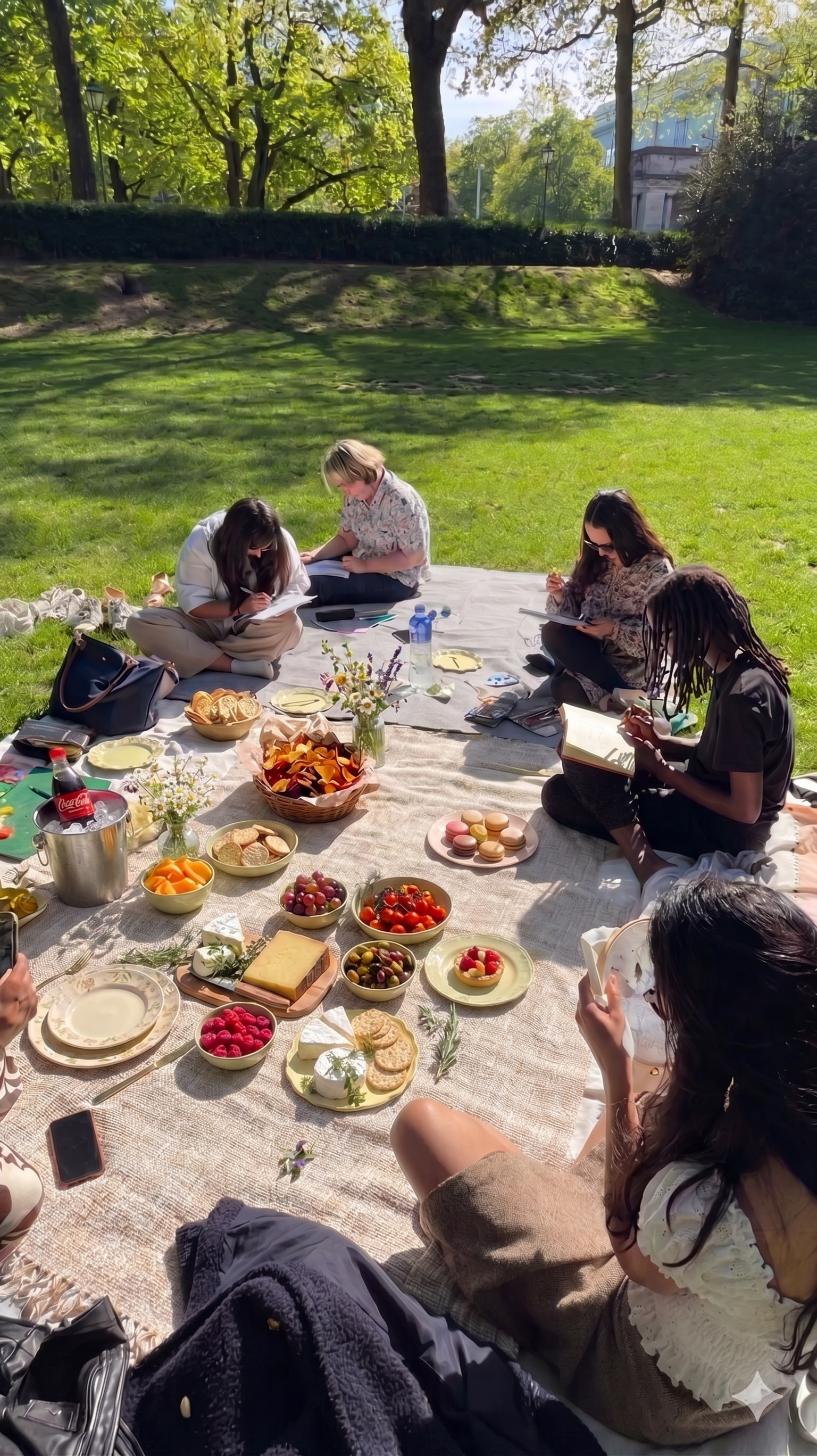 A group of women enjoying an abundant picnic spread while sketching and embroidering on a sunny lawn during a creative retreat.