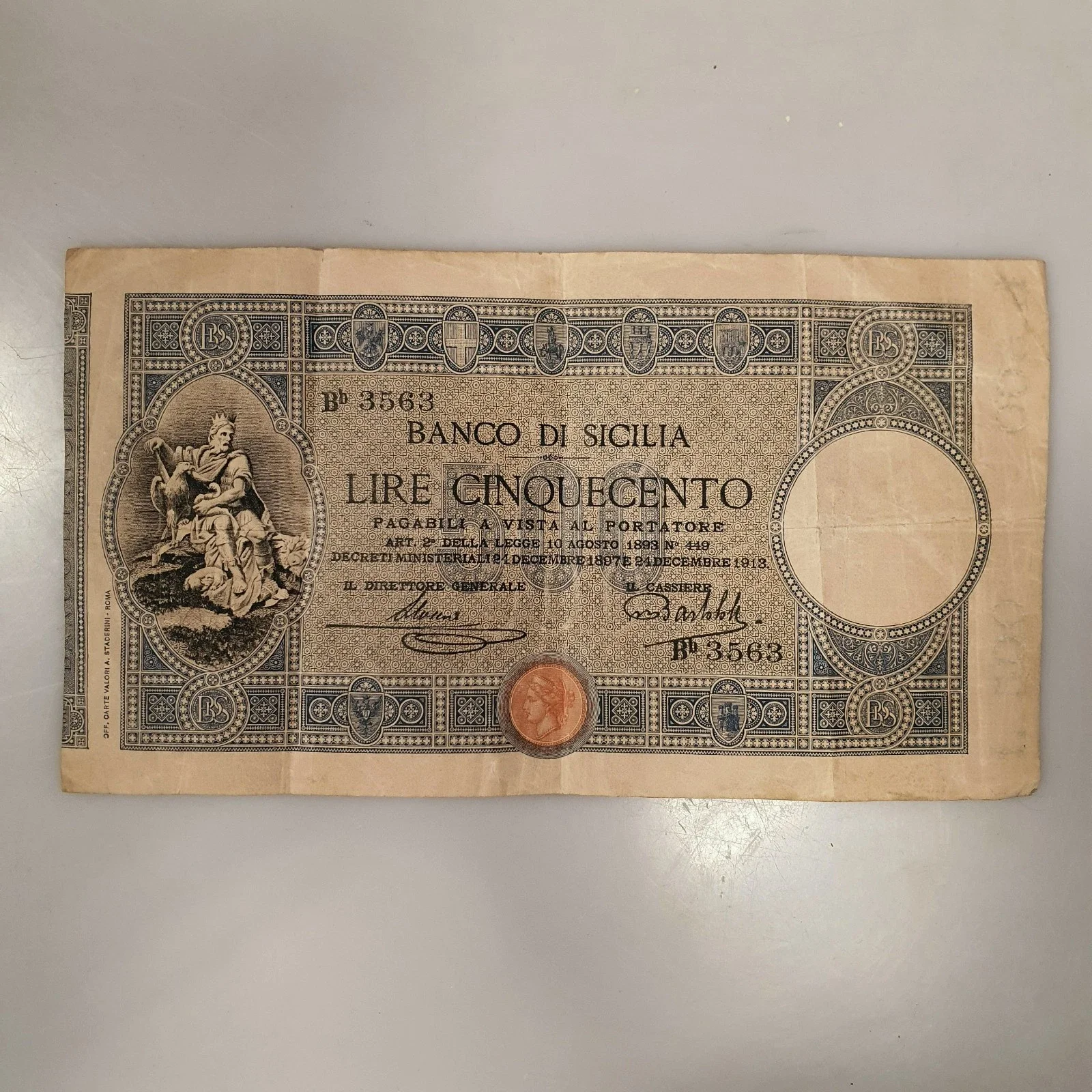 Regno Italia Banconota 500 Lire-Banco Sicilia 1913