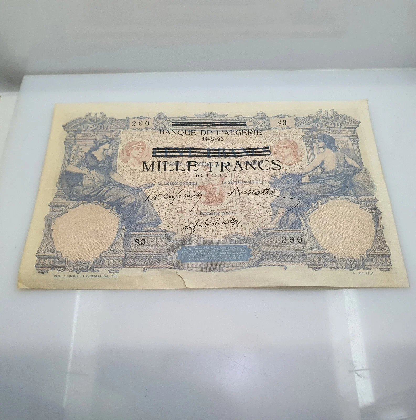 Mille Francs Banque de l'Algerie 14-5-92