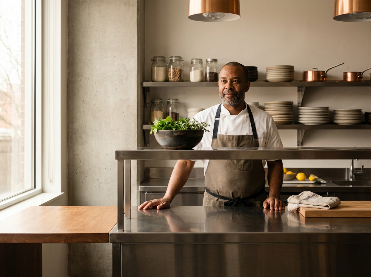 A chef standing behind a stainless steel counter with a bowl of greens, in a modern kitchen with open shelves and copper pendant lights.