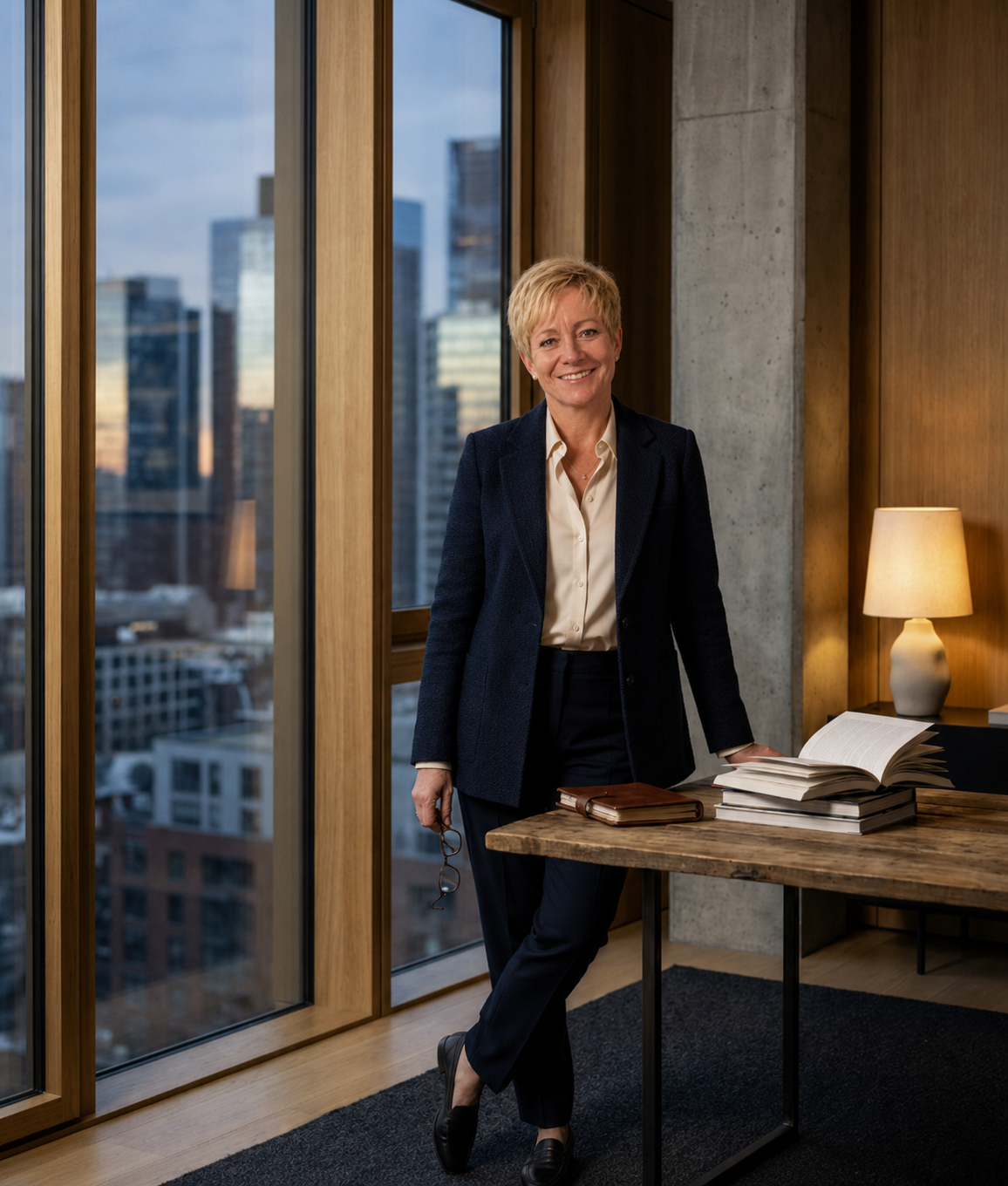A woman with short blond hair wearing a navy blazer and pants, white shirt, standing in an office with large windows showing city buildings, next to a desk with books and a lamp.