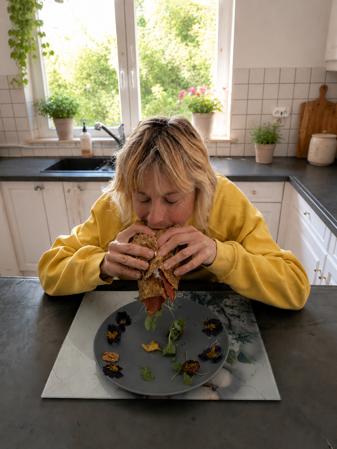 Sheba Chasseur à la maison qui mange avec plaisir un wrap sain