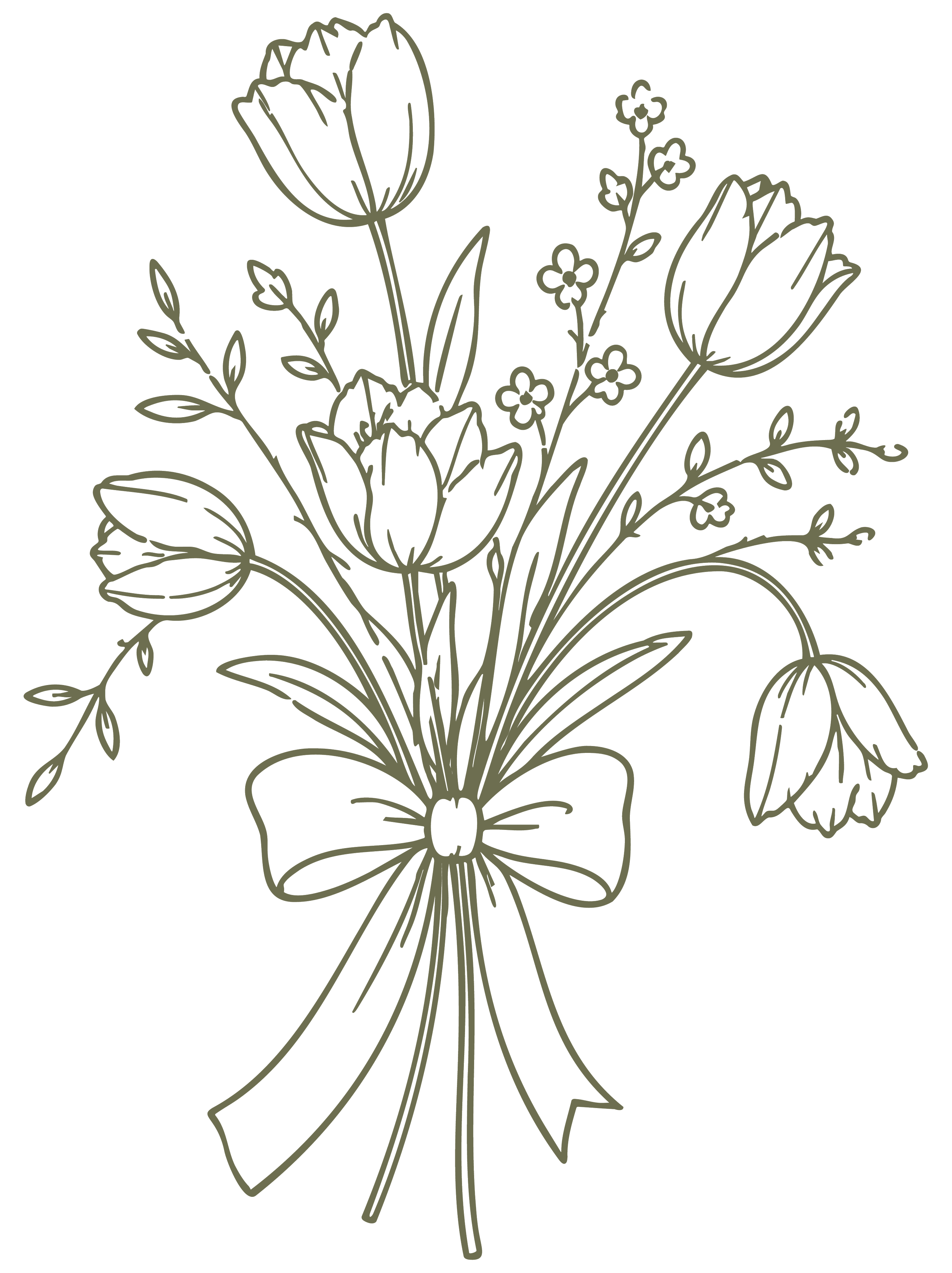 Outline drawing of a bouquet of flowers including tulips, small blossoms, and leaves tied together with a ribbon.