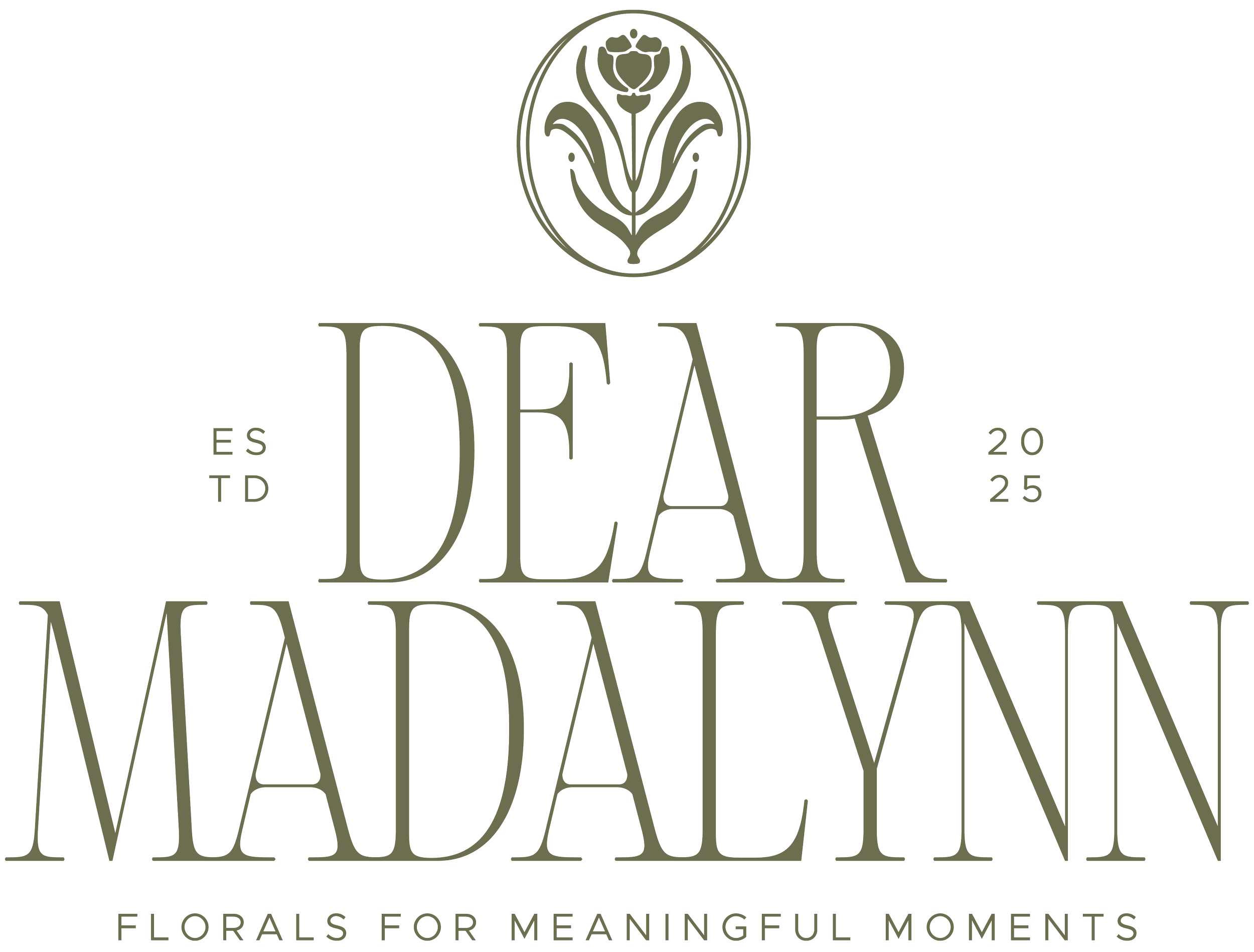 Logo for 'The Dear Florist' featuring a stylized flower within an oval, with text indicating the business was established in 2025 and offers floral arrangements for meaningful moments.