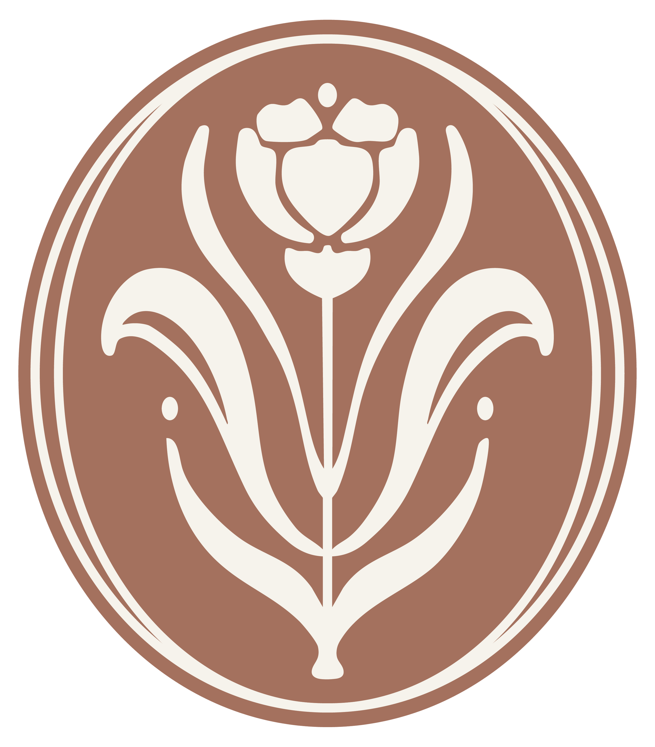 A stylized anatomical illustration of the female reproductive system, including the uterus, fallopian tubes, and ovaries, depicted in white on a brown circular background.