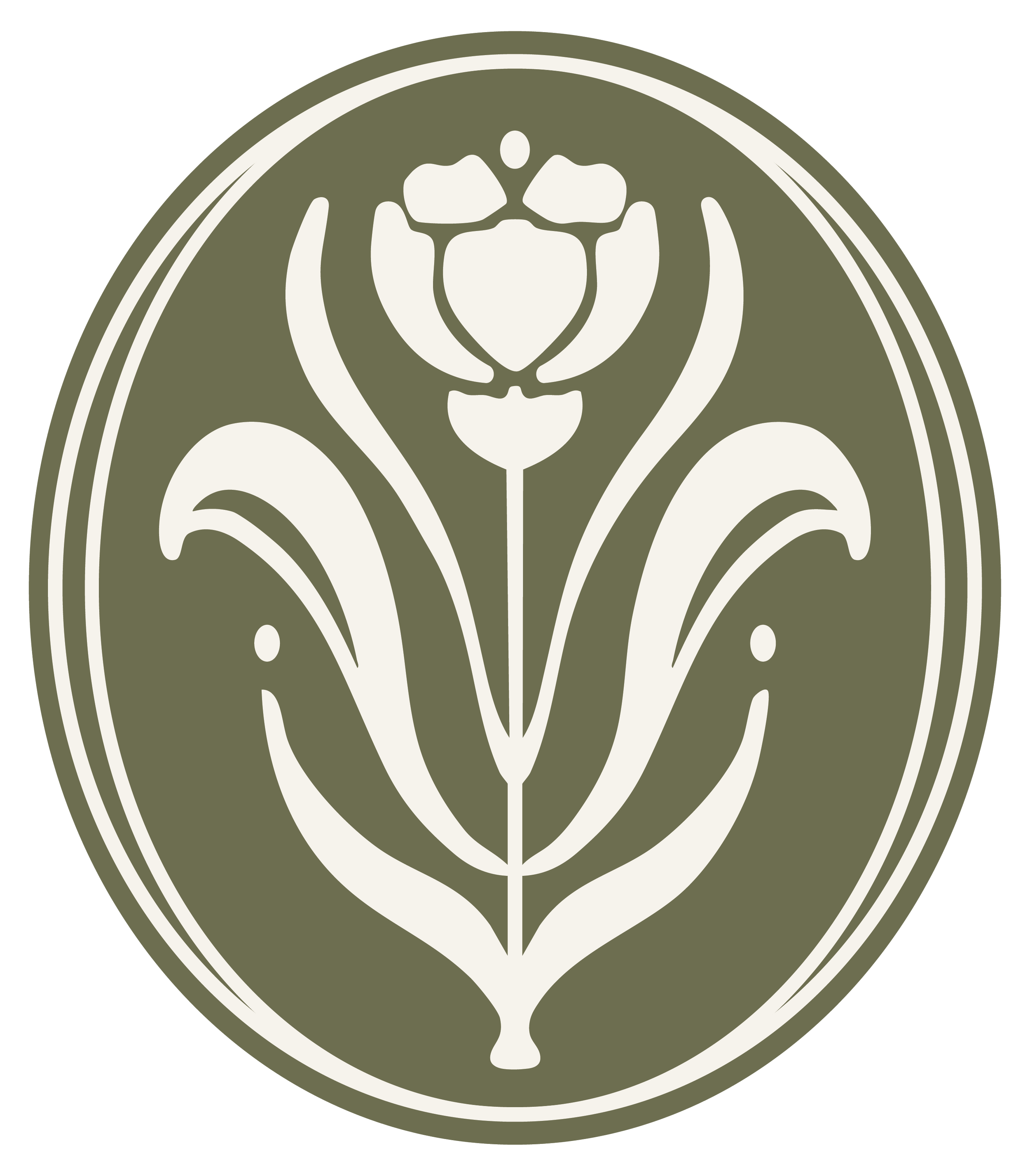 A circular logo with a stylized flower design in white on an olive green background. Dear Madalynn Florals brandmark. A sophisticated take on a tulip for a floral design boutique.