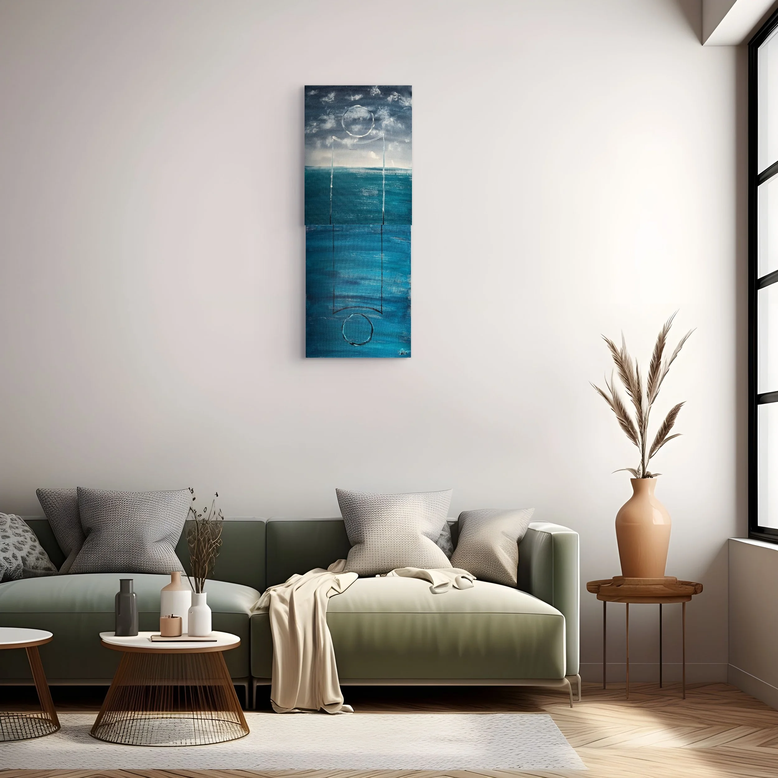 A modern living room with a light green sofa, decorative pillows, three white vases on a tray, a side table with a brown table lamp, a large abstract wall art with blue tones, a white draped cloth on the sofa, a white textured area rug, a tall potted plant with beige pampas grass, and a large window on the right side.