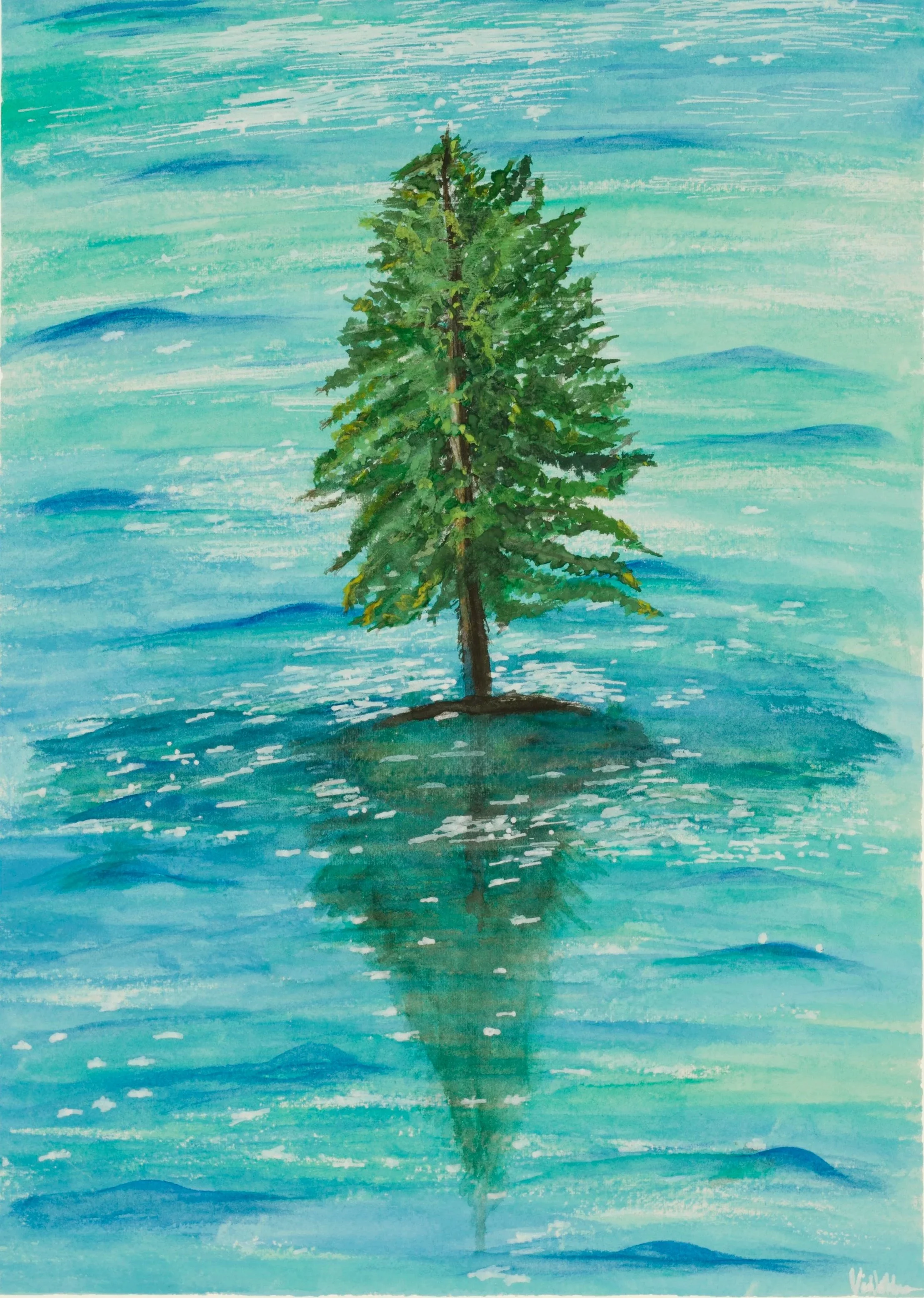 A solitary green pine tree stands on a small hill, reflected in the calm water below. The sky is filled with light blue and white streaks, suggesting a peaceful, clear day.