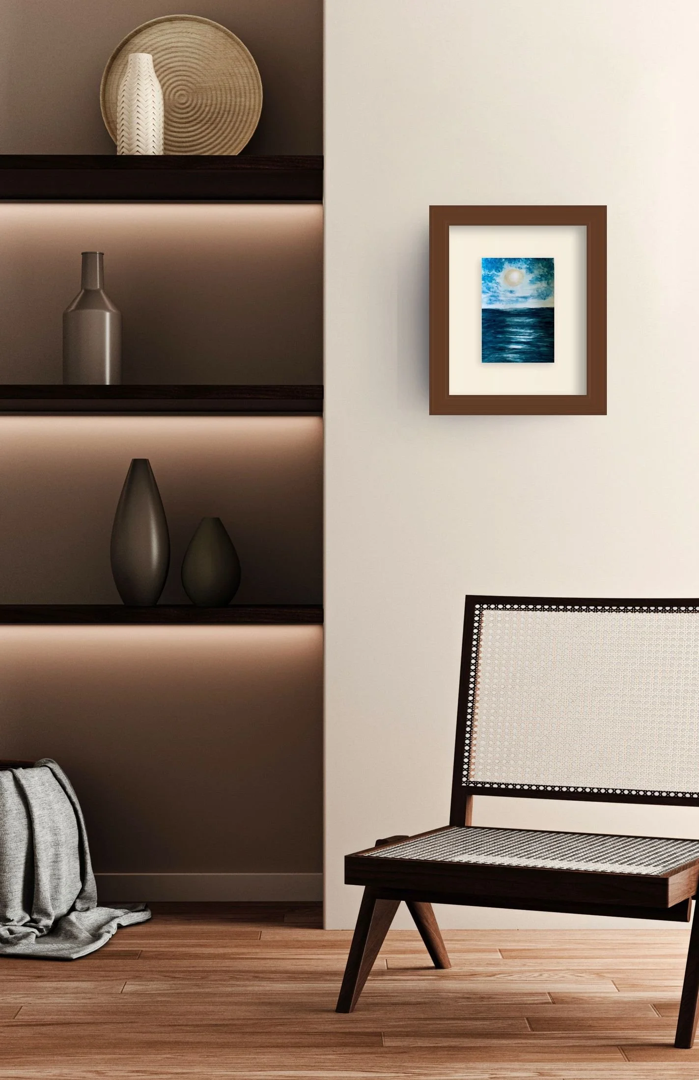 Living room with wooden floor, black and white chair, framed ocean scene painting, shelves with decorative vases and bowls, and a striped towel on the floor.