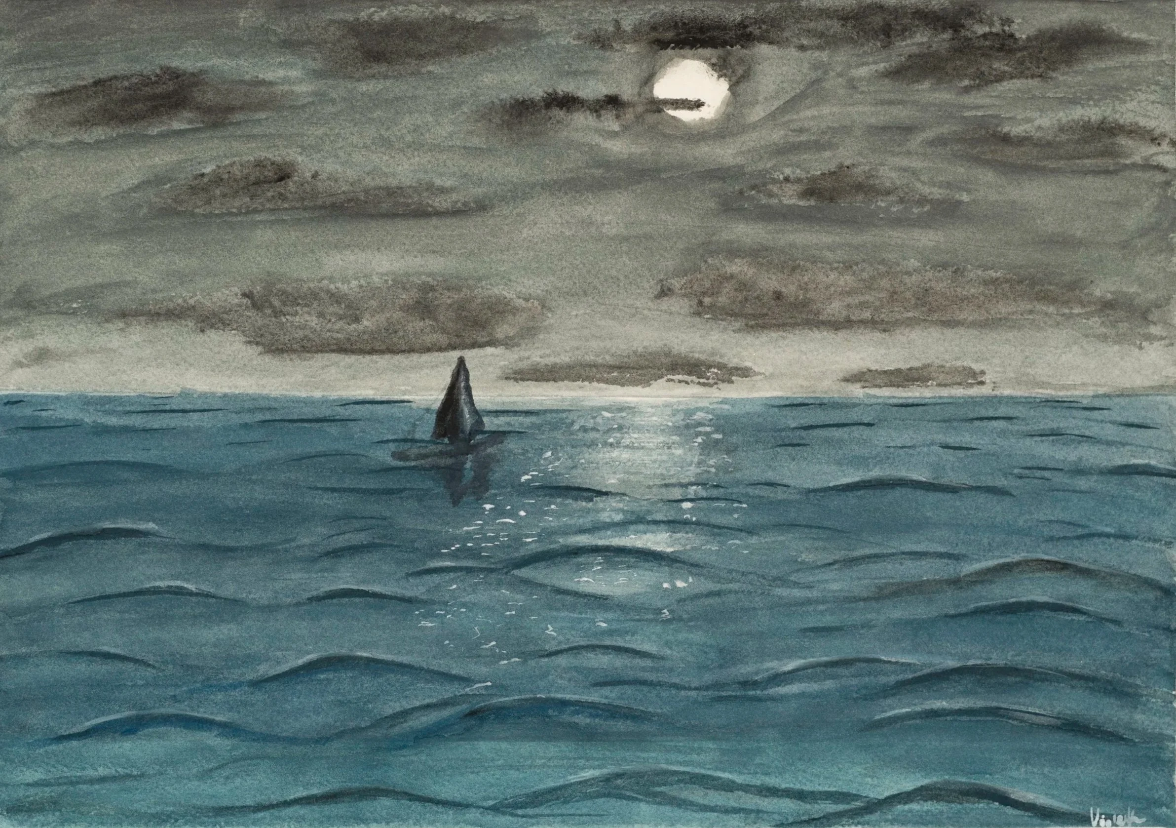 A watercolor painting of a seascape under a cloudy, moonlit sky. A small boat with a person on board is sailing across the water, with the moon illuminating the scene.