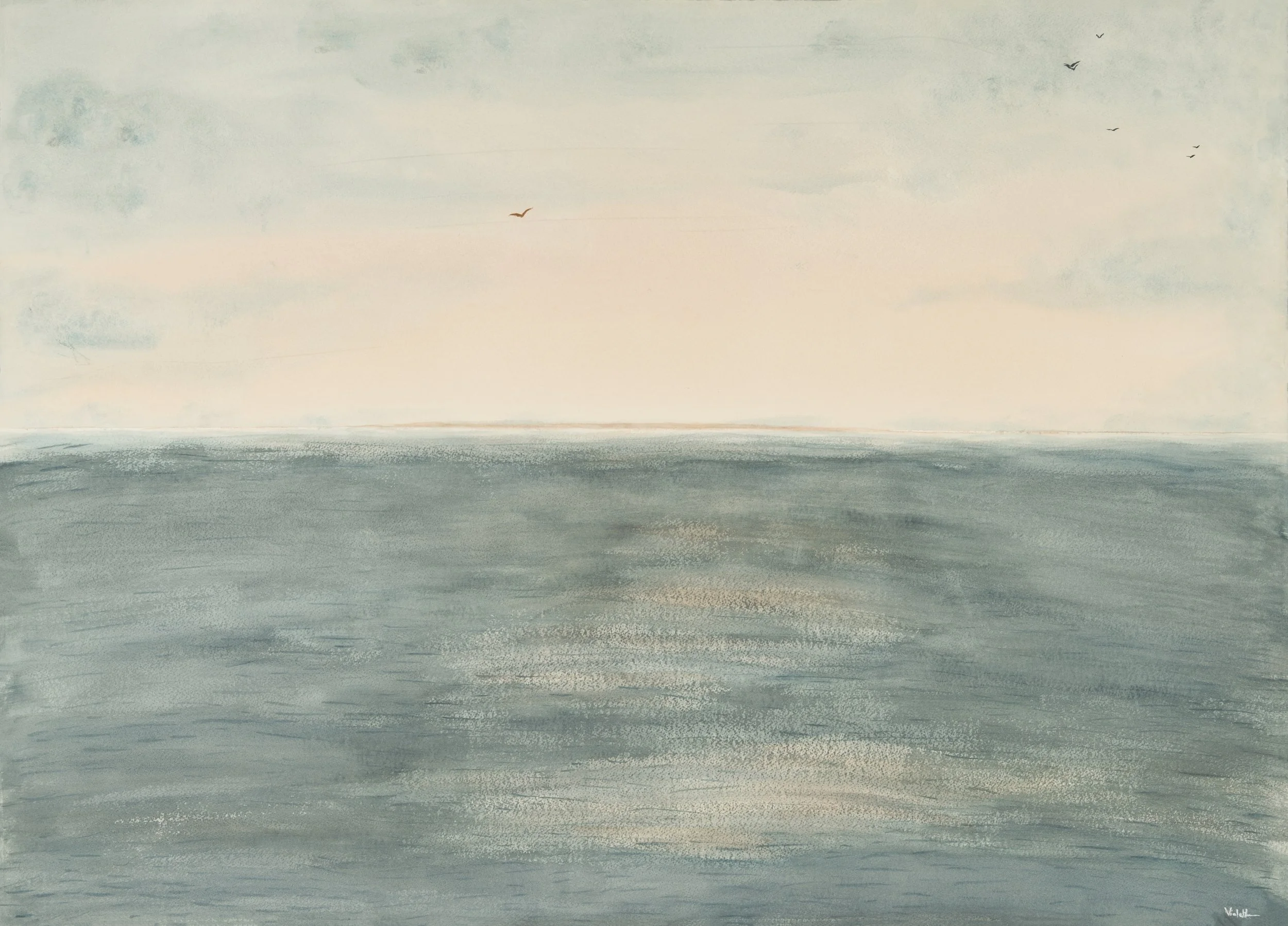 A serene watercolor painting of the sky and ocean during dawn or dusk, featuring soft pastel colors with a few birds flying.