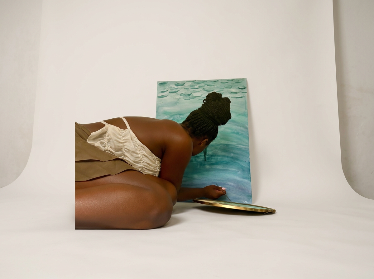 Violette painting an ocean-inspired watercolor artwork on canvas, immersed in her multidisciplinary artistic practice.