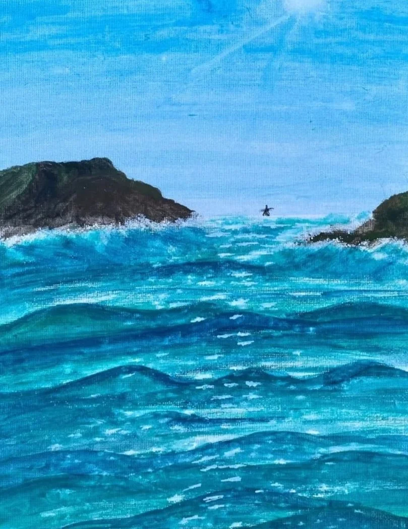 Painting of a seascape with blue waves, rocky islands on both sides, and a small boat or surfboard with a person in the distance.
