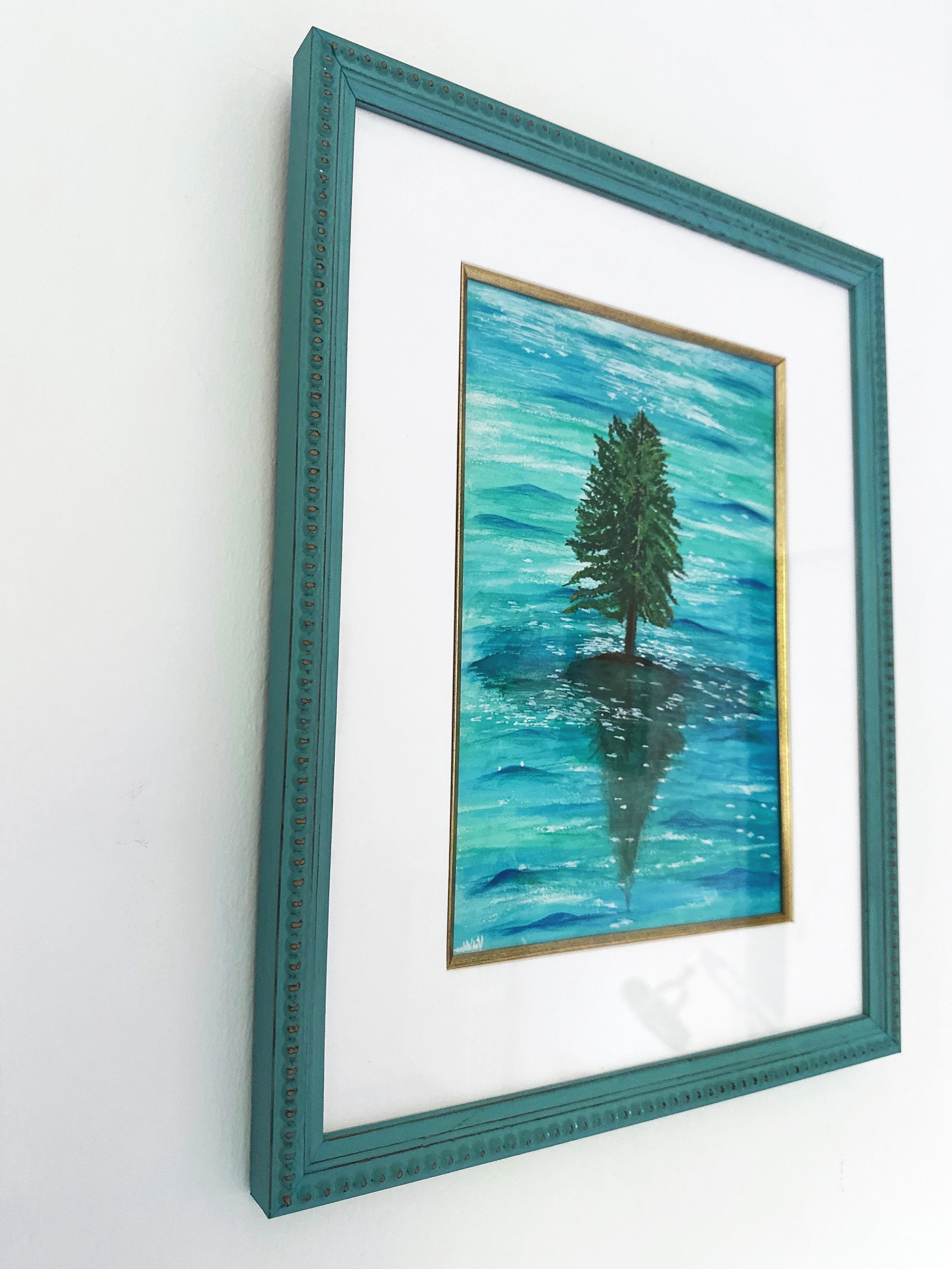 Framed watercolor painting, Trees in sea on Arches paper, an atmospheric landscape artwork by Violette.