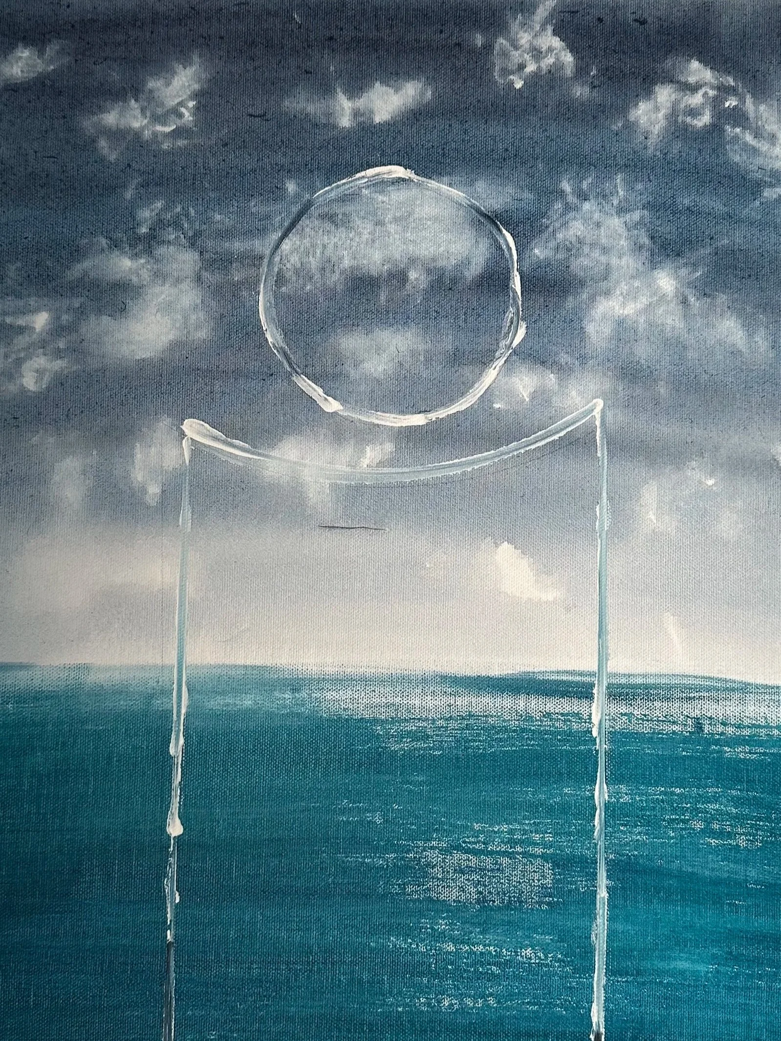 Painting of an ocean scene with a circular and semi-circular white surfboard on the water, against a cloudy sky.