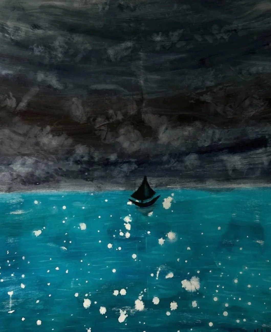 Painting of a small black sailboat on blue water with a dark, stormy sky above.