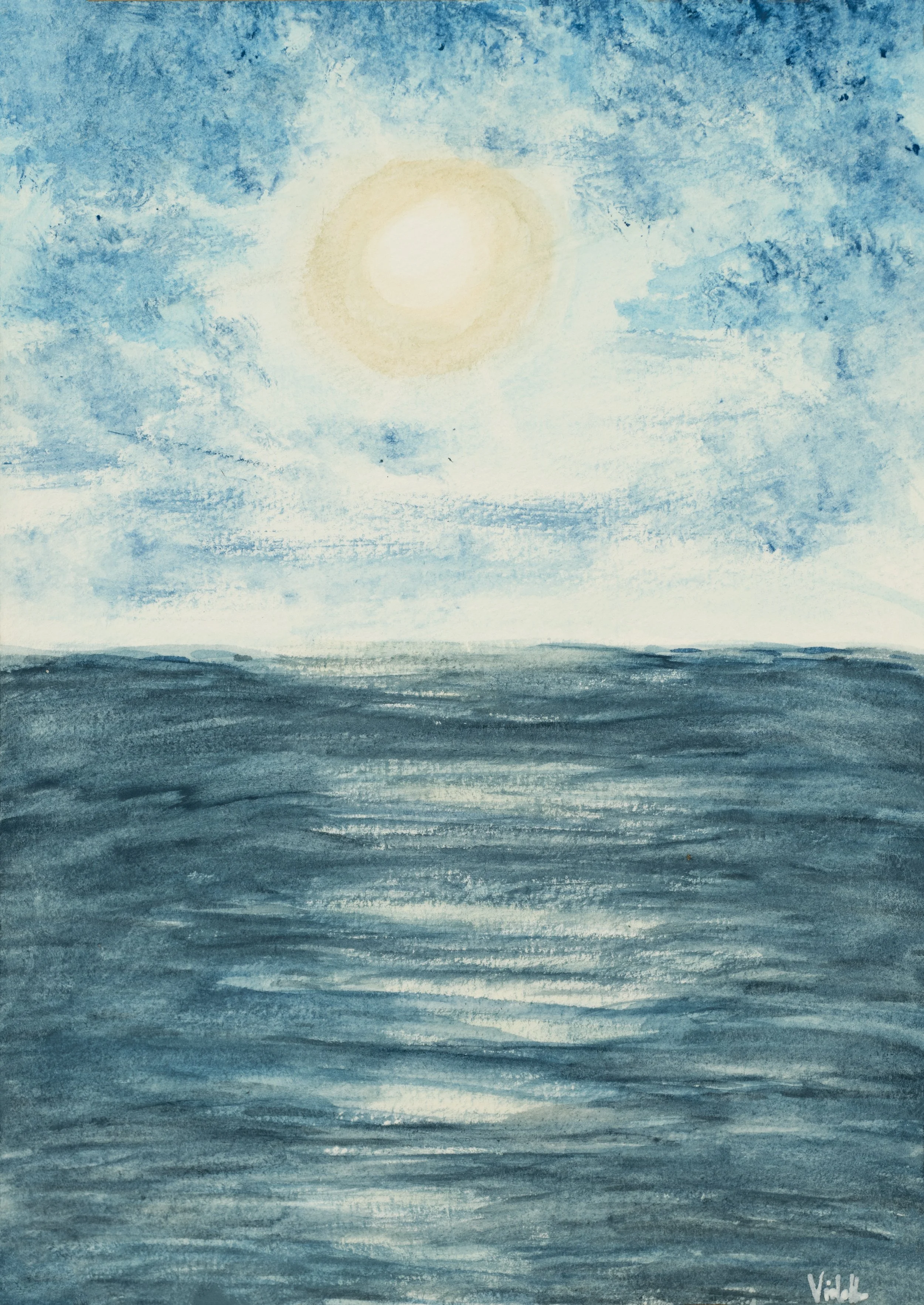 A watercolor painting of the ocean with a cloudy sky and the sun partially obscured by clouds.