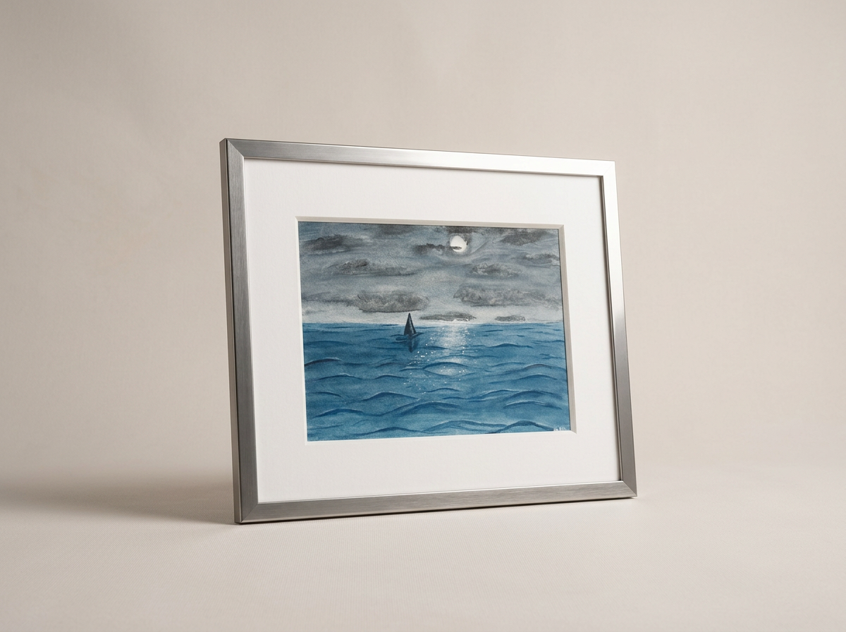 Framed watercolor painting of a sailboat on the ocean under a cloudy, moonlit sky.