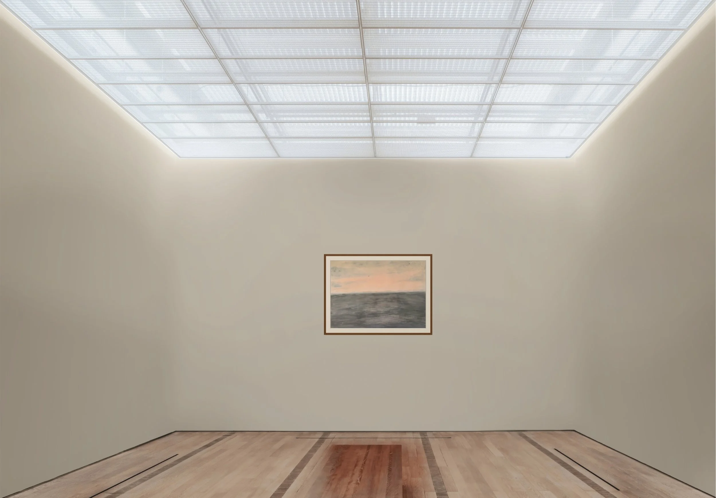 An art gallery with a framed painting on a beige wall and a ceiling with white grids providing natural light.