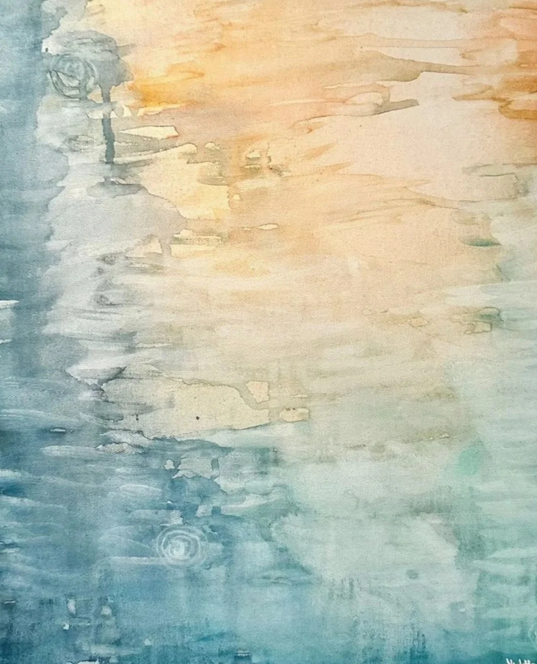 Abstract watercolor painting with soft blue, beige, yellow and green tones, resembling a misty landscape or sky.