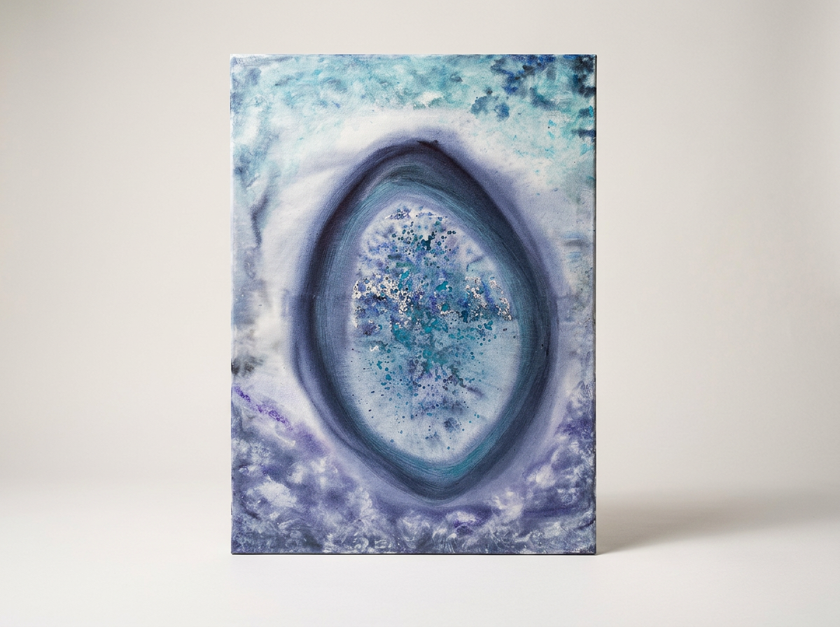 Abstract painting featuring a central oval shape in shades of blue and purple, surrounded by clouds and sky-like textures.