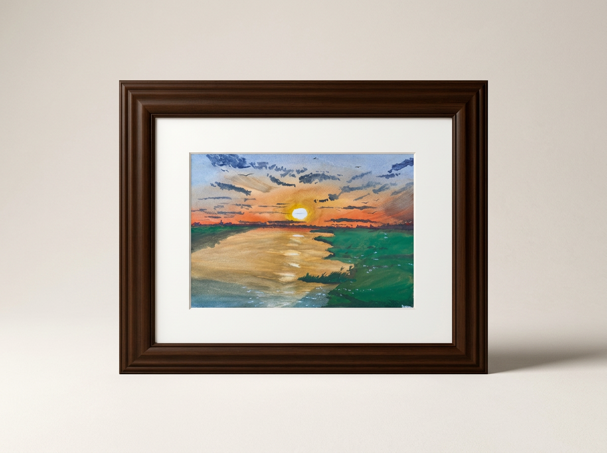 Watercolor painting of a sunset over a beach with the sun near the horizon, clouds in the sky, and green waves on the shore.