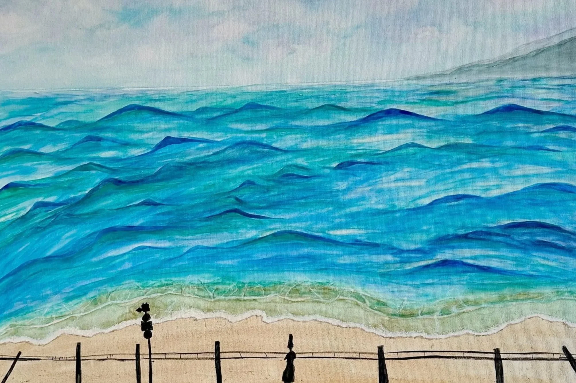 A watercolor painting of a beach scene with a sandy shore, a fence with posts and ropes in the foreground, and ocean waves under a sky with scattered clouds.