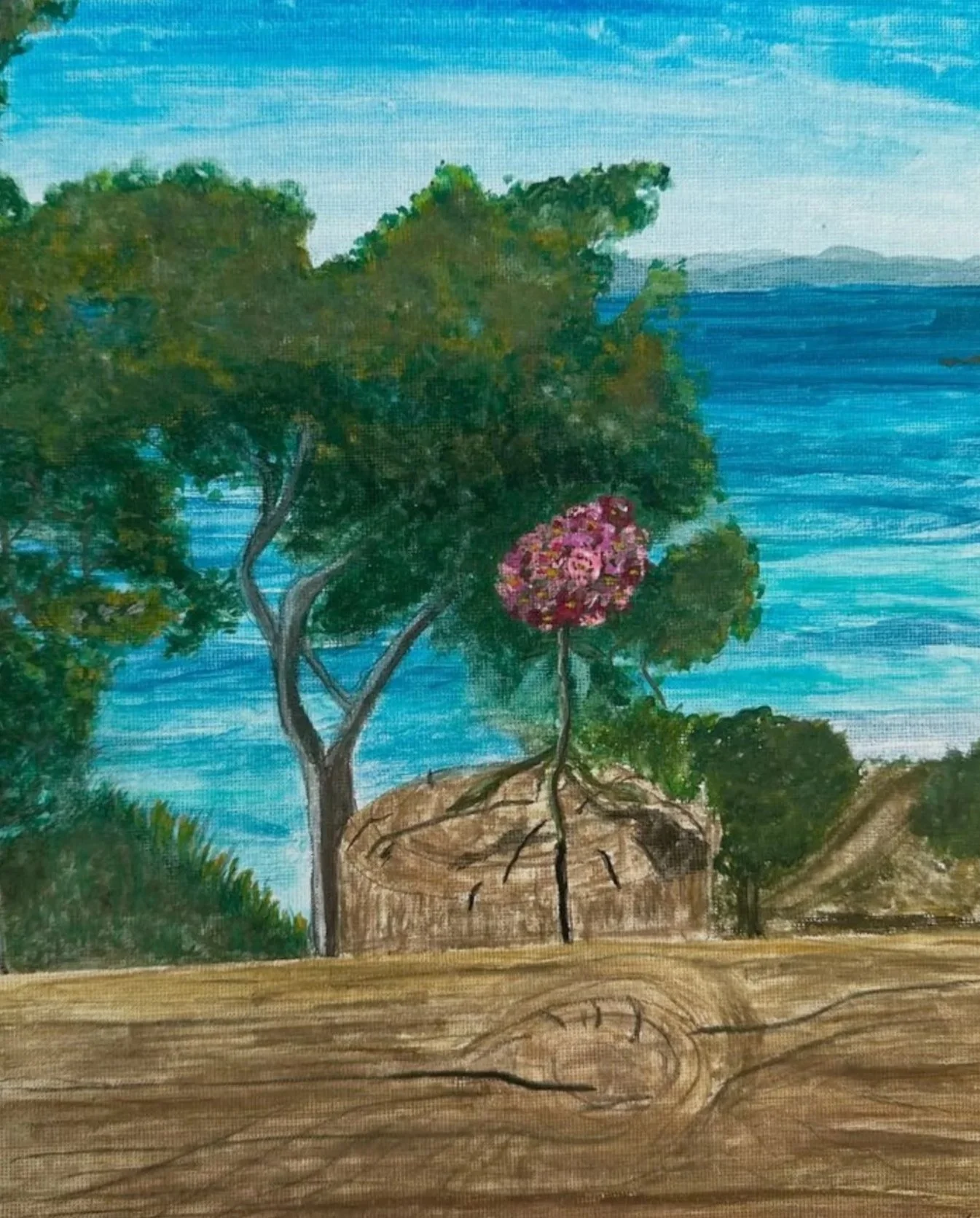 A landscape painting showing trees on a hill with a body of water and mountains in the background, under a blue sky.