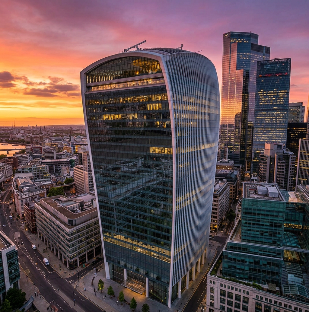 Cityscape at sunset with tall modern skyscrapers, including a prominent curved glass building, and a sky with pink and orange hues.