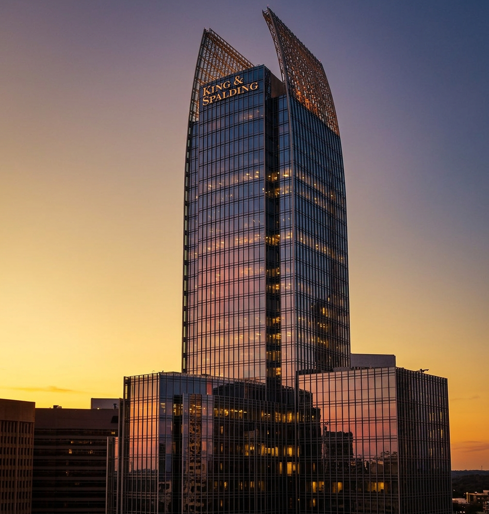 A tall glass skyscraper with the words "KING & SPALDING" at the top, located against a sunset sky.