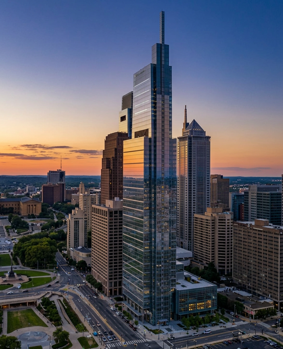 A tall modern skyscraper in a city skyline during sunset, surrounded by other high-rise buildings and streets.