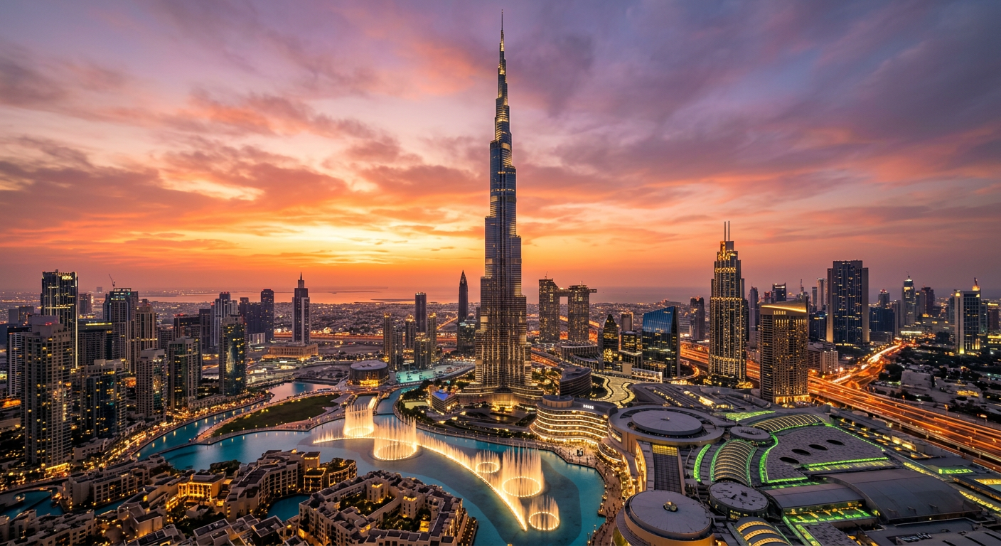 A city skyline with the Burj Khalifa and sunset in Dubai, featuring tall skyscrapers, water features, and illuminated buildings.