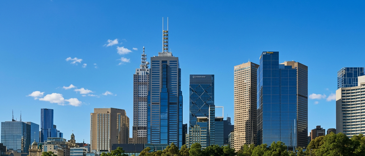 Skyline of downtown skyscrapers with blue sky and scattered clouds.