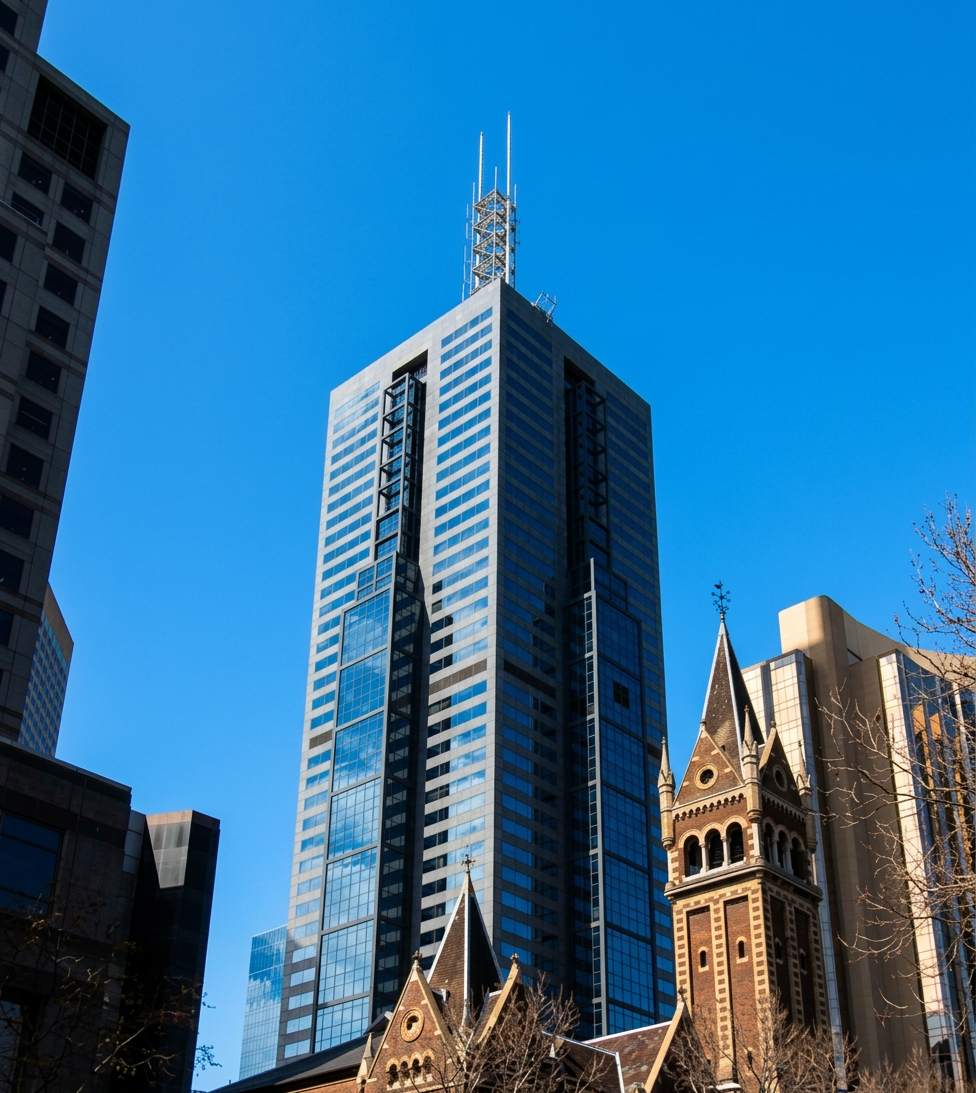 A tall modern skyscraper with a glass and steel facade against a bright blue sky, with other buildings and a historic church with a steeple in the foreground.