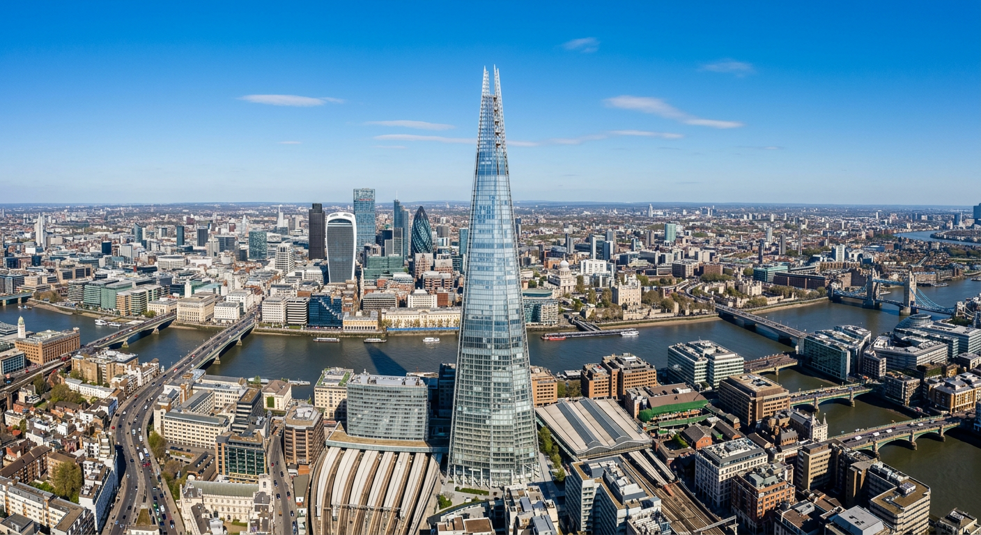 Aerial view of London's skyline featuring The Shard skyscraper, River Thames, Tower Bridge, and various modern and historic buildings against a clear blue sky.