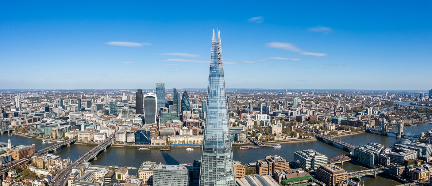 Aerial view of downtown London featuring The Shard skyscraper with the River Thames, several bridges, and other modern buildings under a clear blue sky.
